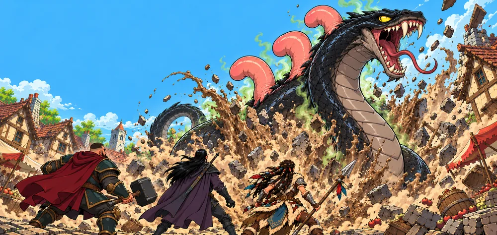Le Serpent à Trois Chibres jaillit du sol de la place de Lunaris